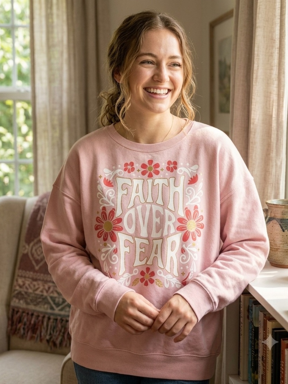 Positivitees Floral Faith Over Fear Pink Graphic Sweatshirt, Women’s XL 16-18